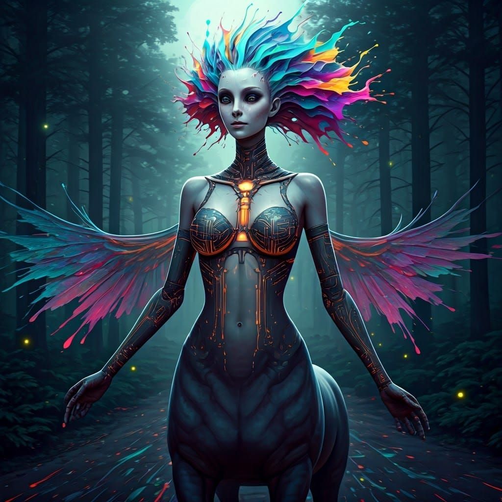 Alien Centaur in Moonlit Forest with Pastel Ink