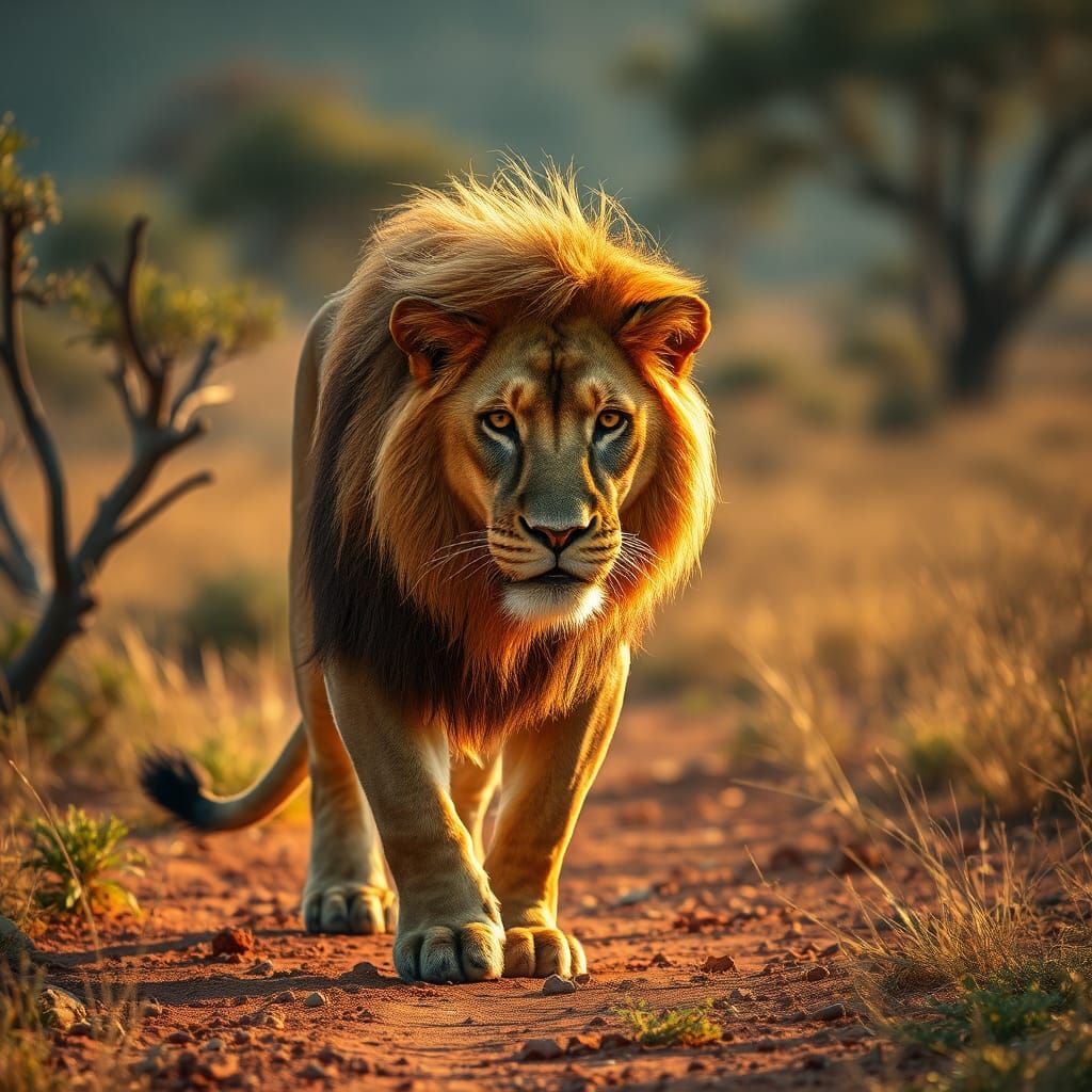 Golden Lion Hunting in African Savannah