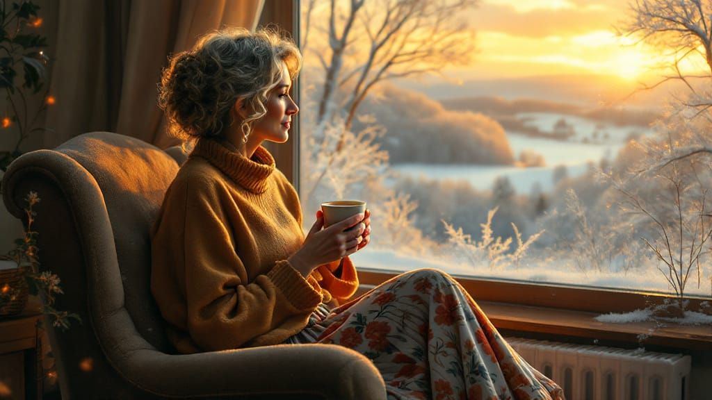Woman Enjoying Winter Sunrise in Soft Romantic Style