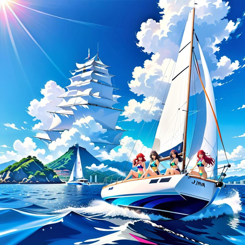 Anime Girls Sailing: Ghibli-Inspired Coastal Scene