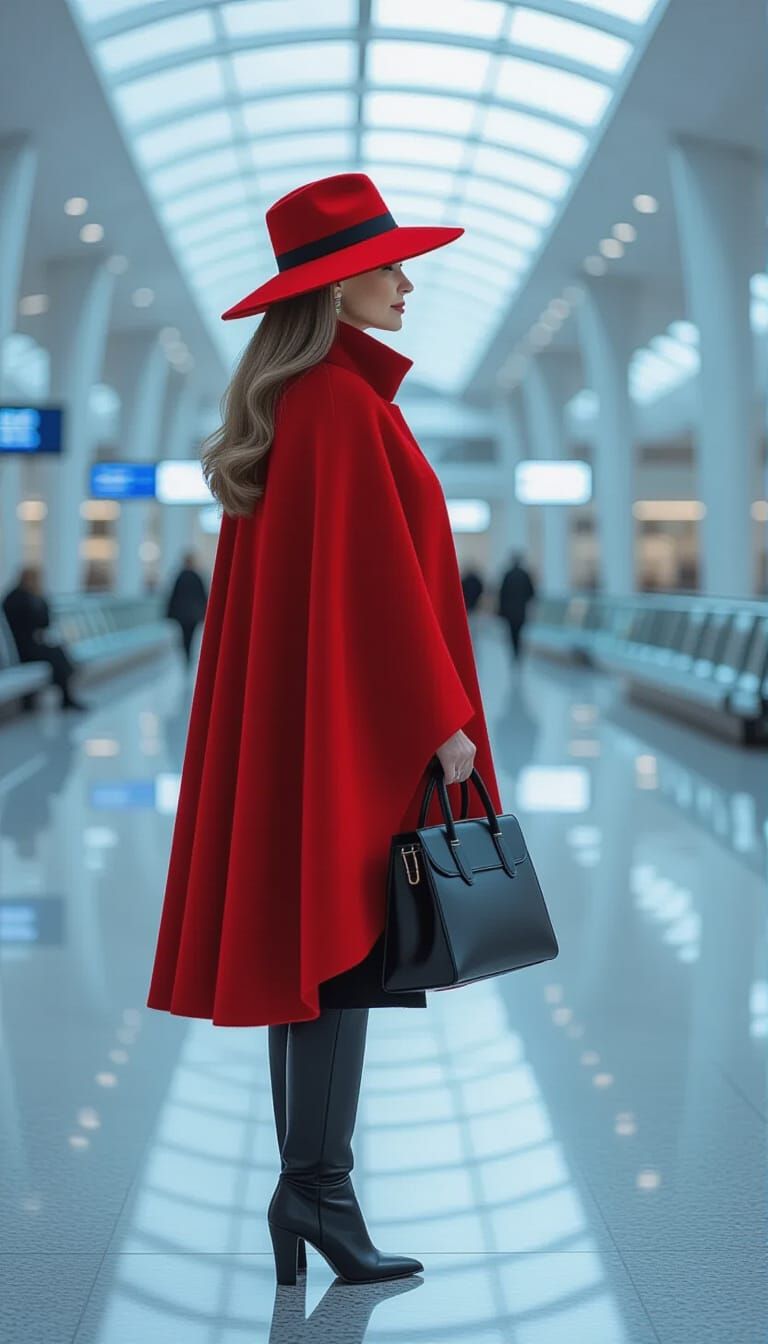 Mature Woman in Red Cape at Empty Modern Airport
