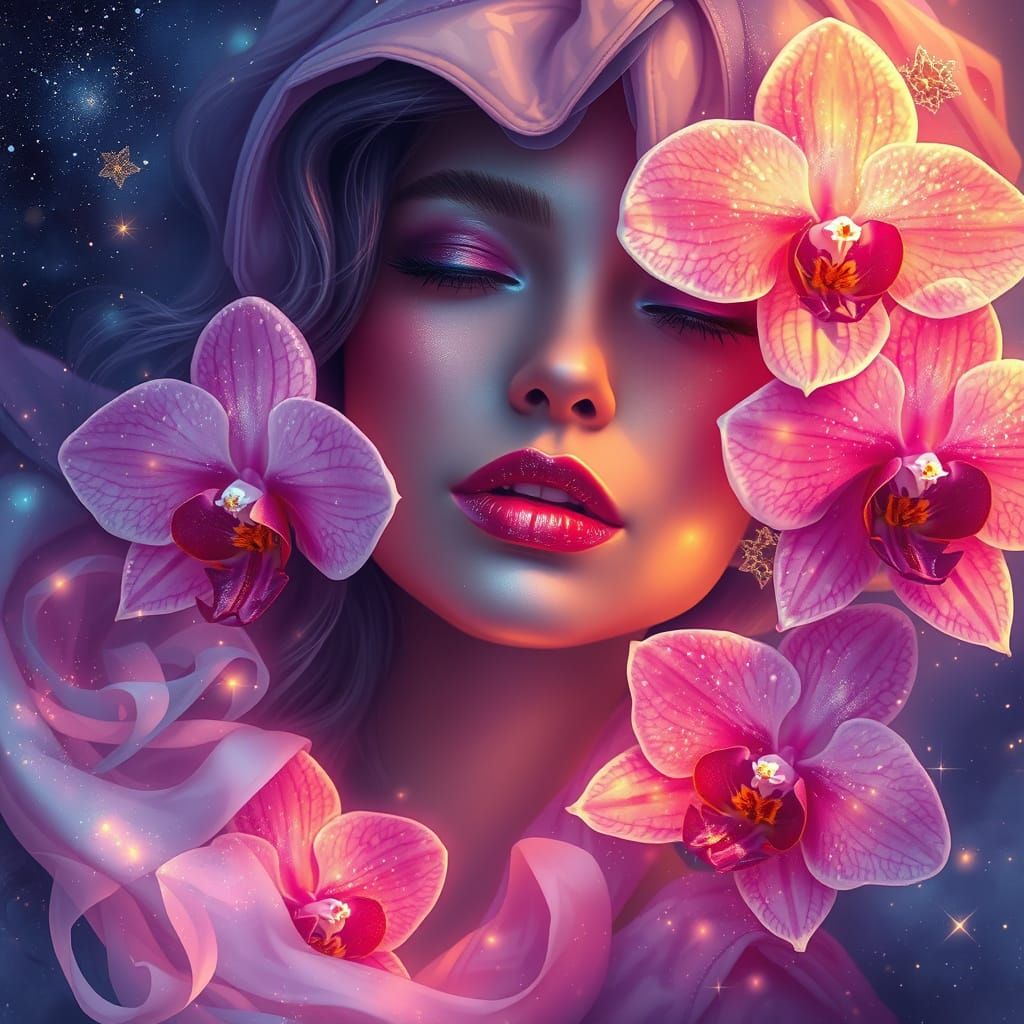 Starlit Woman with Gemstone Orchids in Ethereal Galaxy Fog