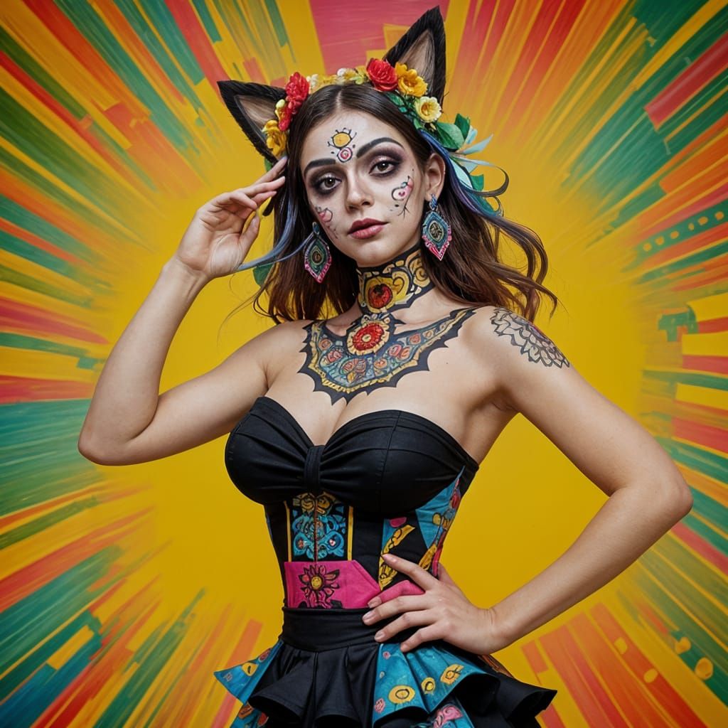 Woman with Día de los Muertos Face Paint in Cubist Style
