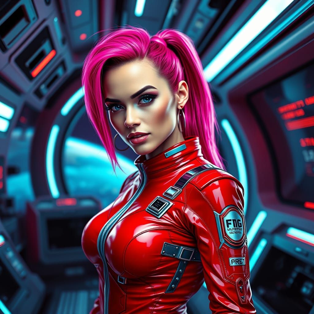 Glamorous Space Goddess in High-Tech Red Spacesuit