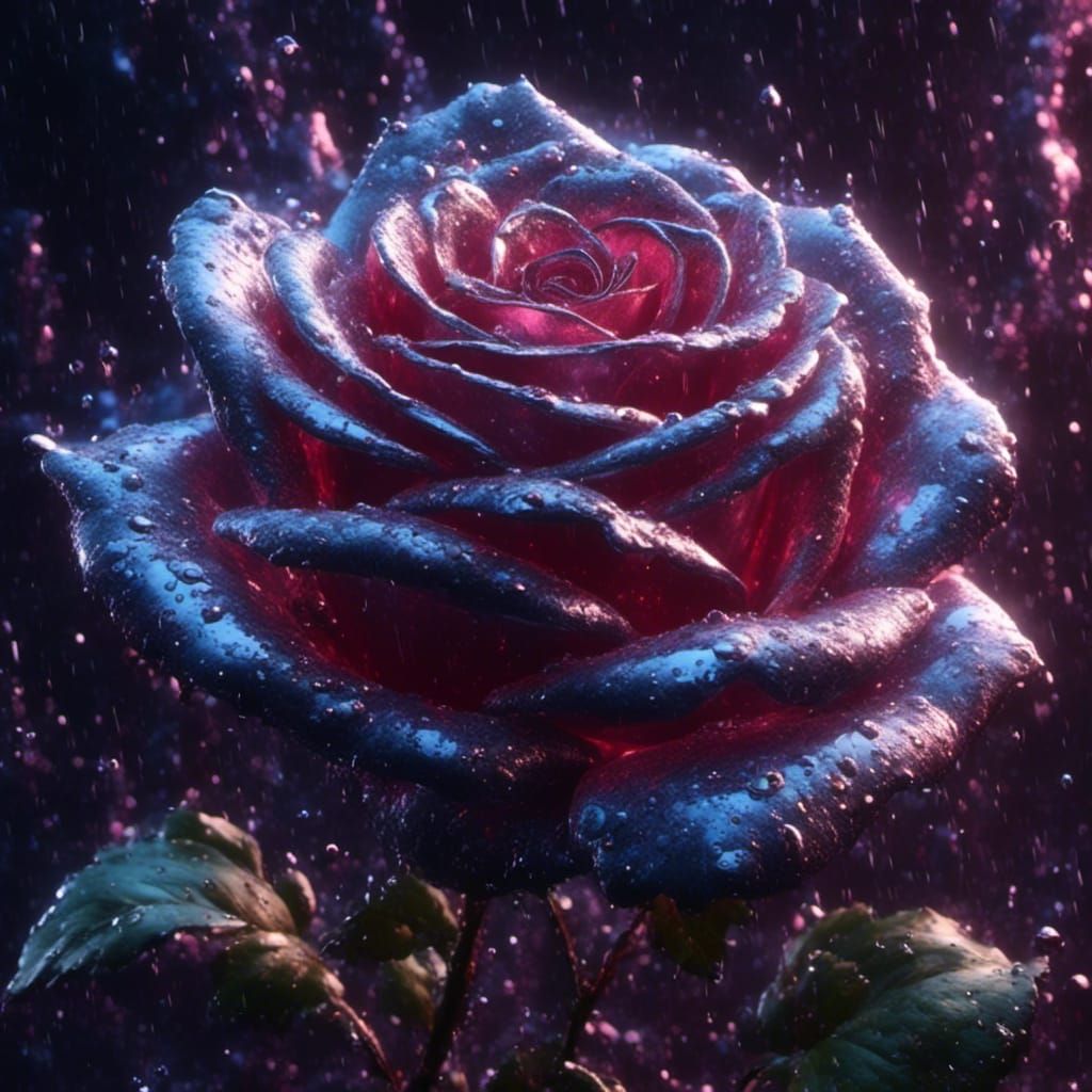 Opalescent Holographic Rose with Raindrops in HDR