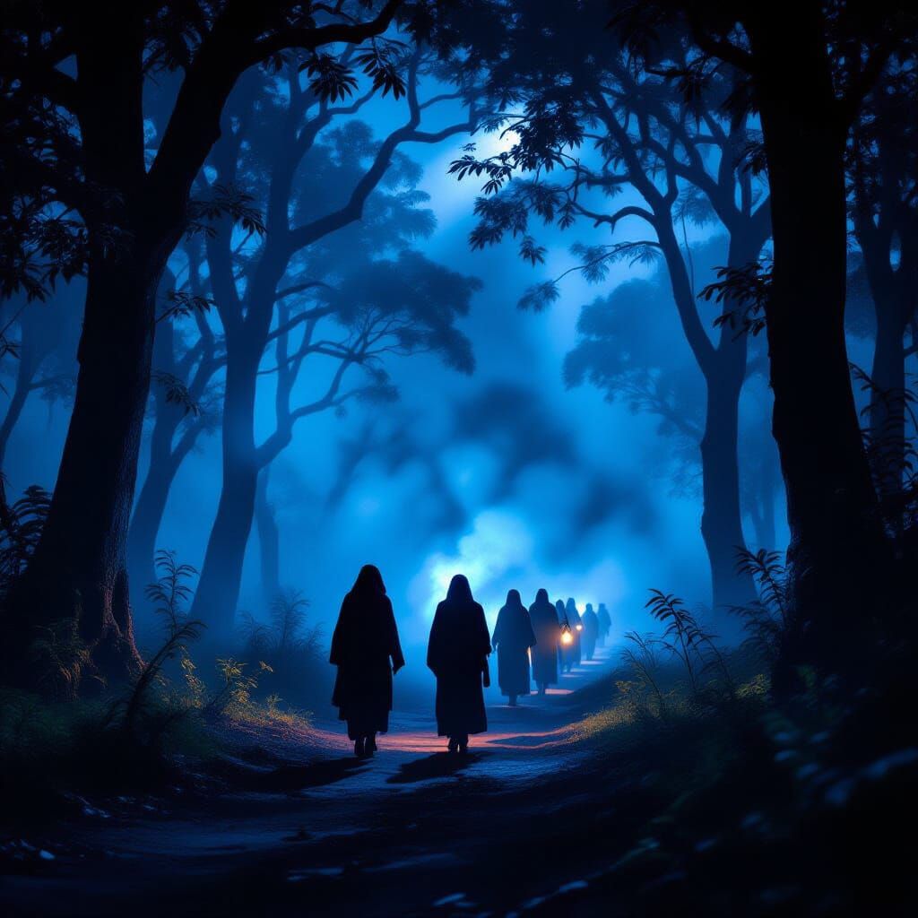Mysterious Figures with Blue Lanterns in Dark African Forest
