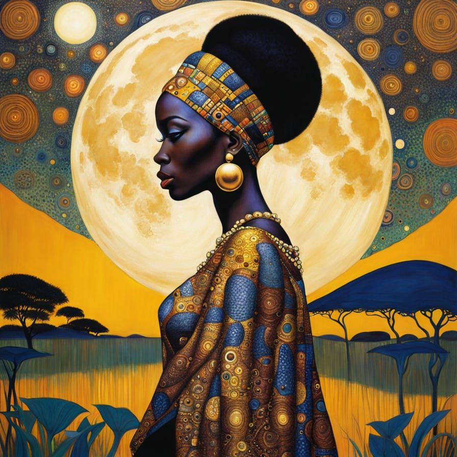 Glamorous African Queen in Dreamy Klimt-Inspired Moonlight