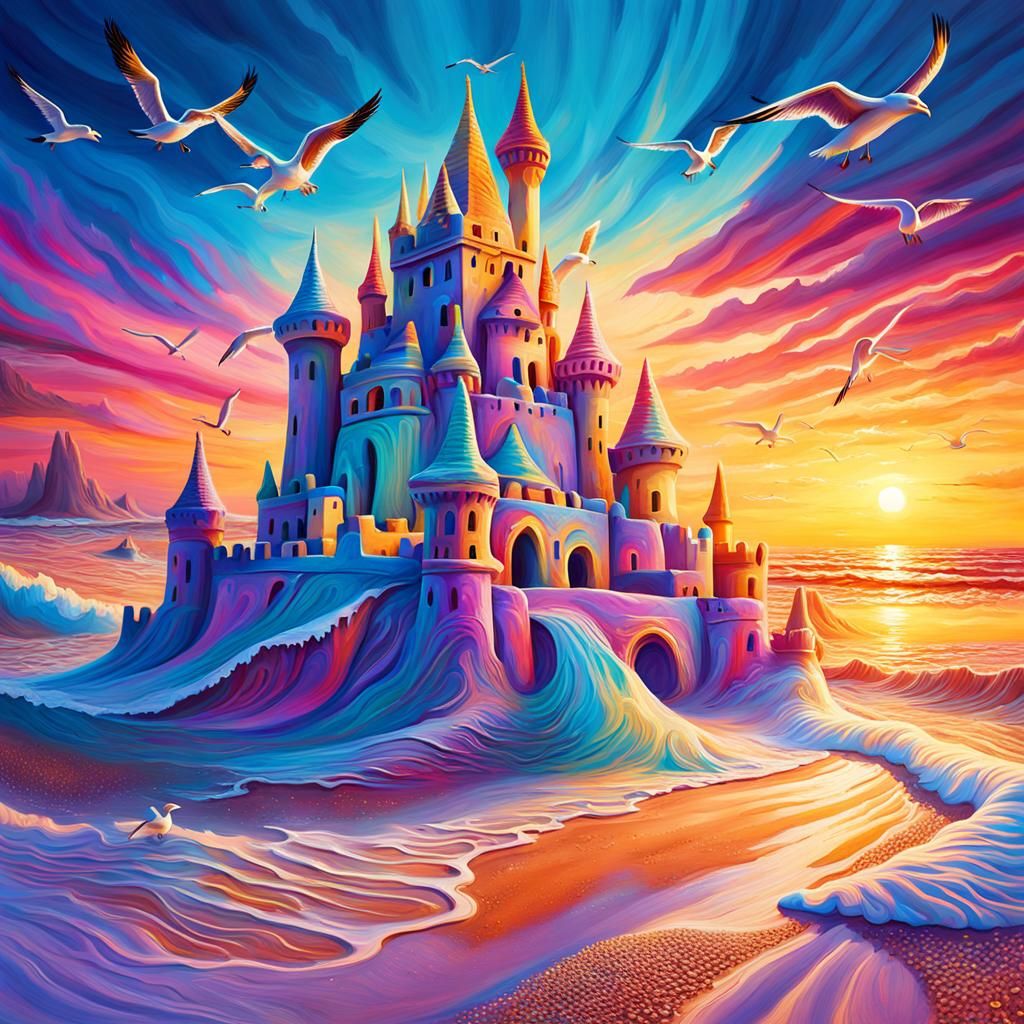 Psychedelic Sandcastle at Sunset: a Surreal Oil Painting