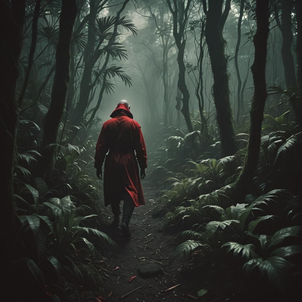 Figure in Red: Dark Cinematic Jungle Scene