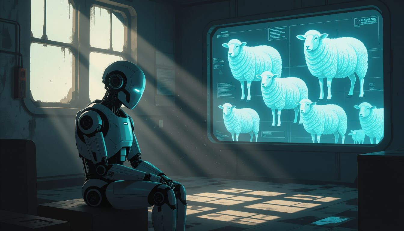 Android Contemplates Holographic Sheep in Noir Room
