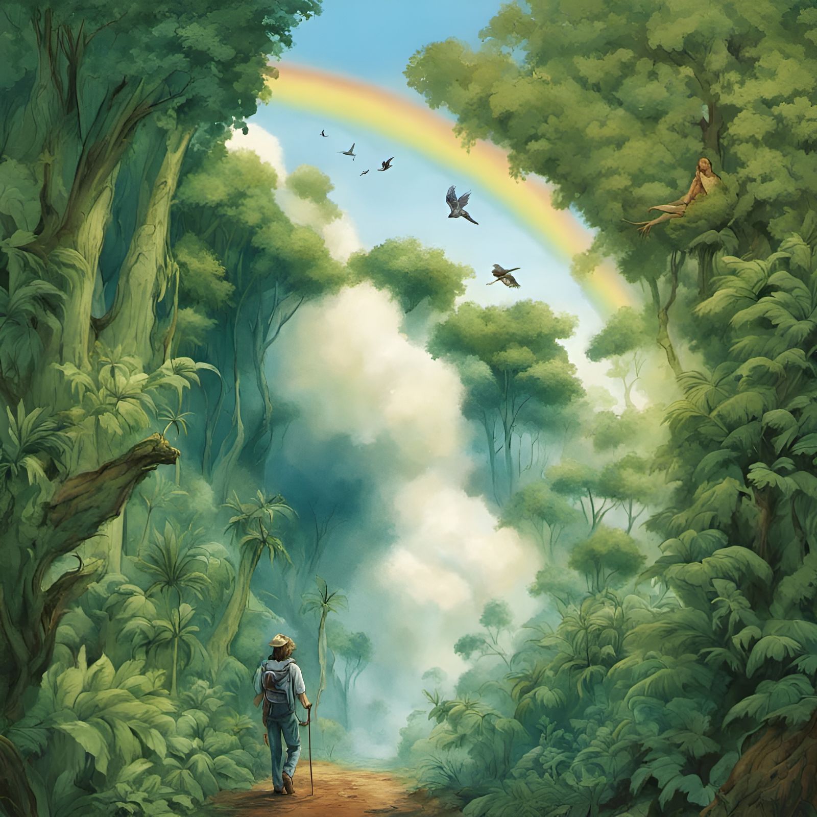 Lush Jungle Hike with Animals and Blue Mist