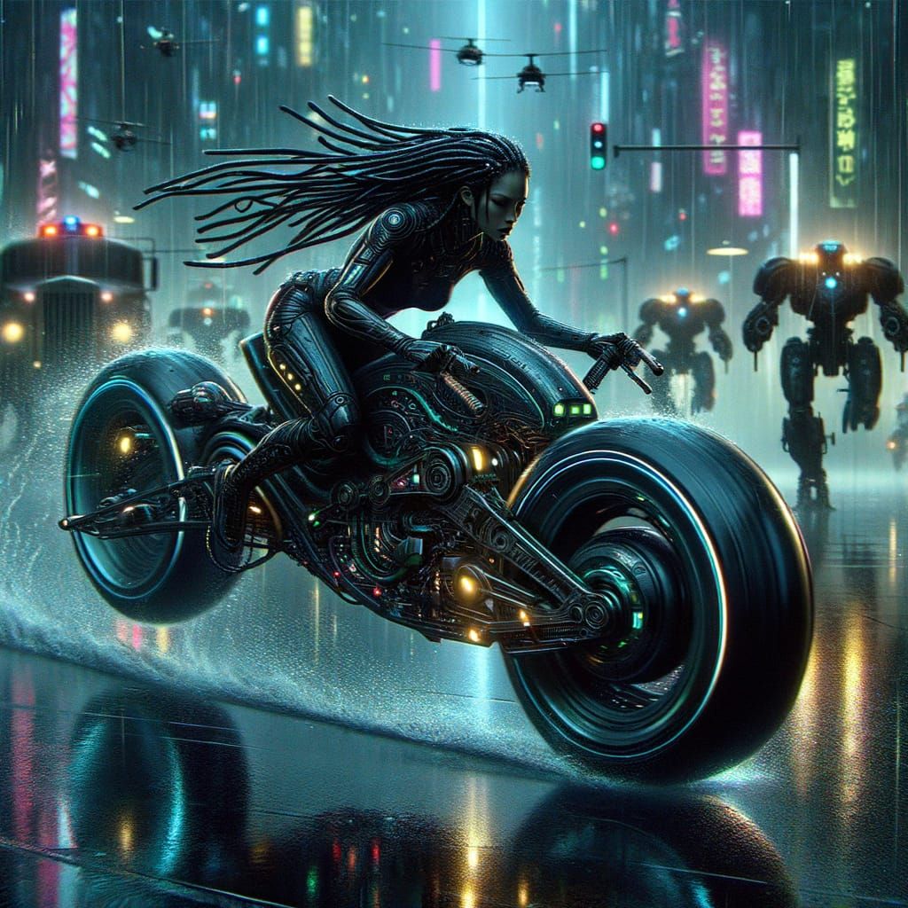 Cyberpunk Hover-Cycle Chase in Rainy Cityscape