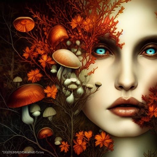 Fantasy Fairycore Autumn Mushrooms in Mist