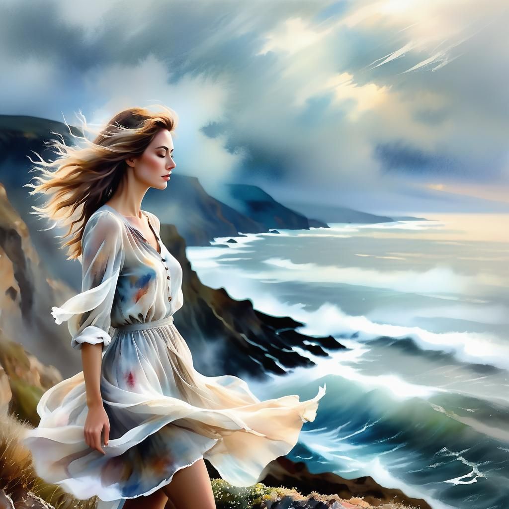 Ethereal Woman on Windswept Cliff in Impressionistic Style