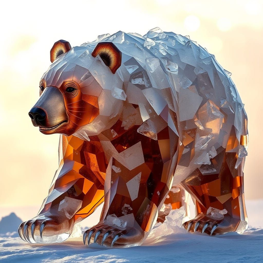 Glass and Ice Bear Sculpture in Mystical Light