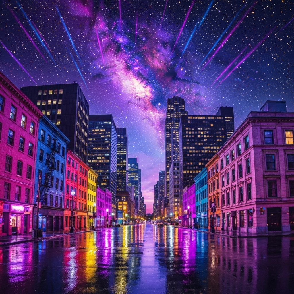 Rainbow Cityscape at Night with Galaxy Sky