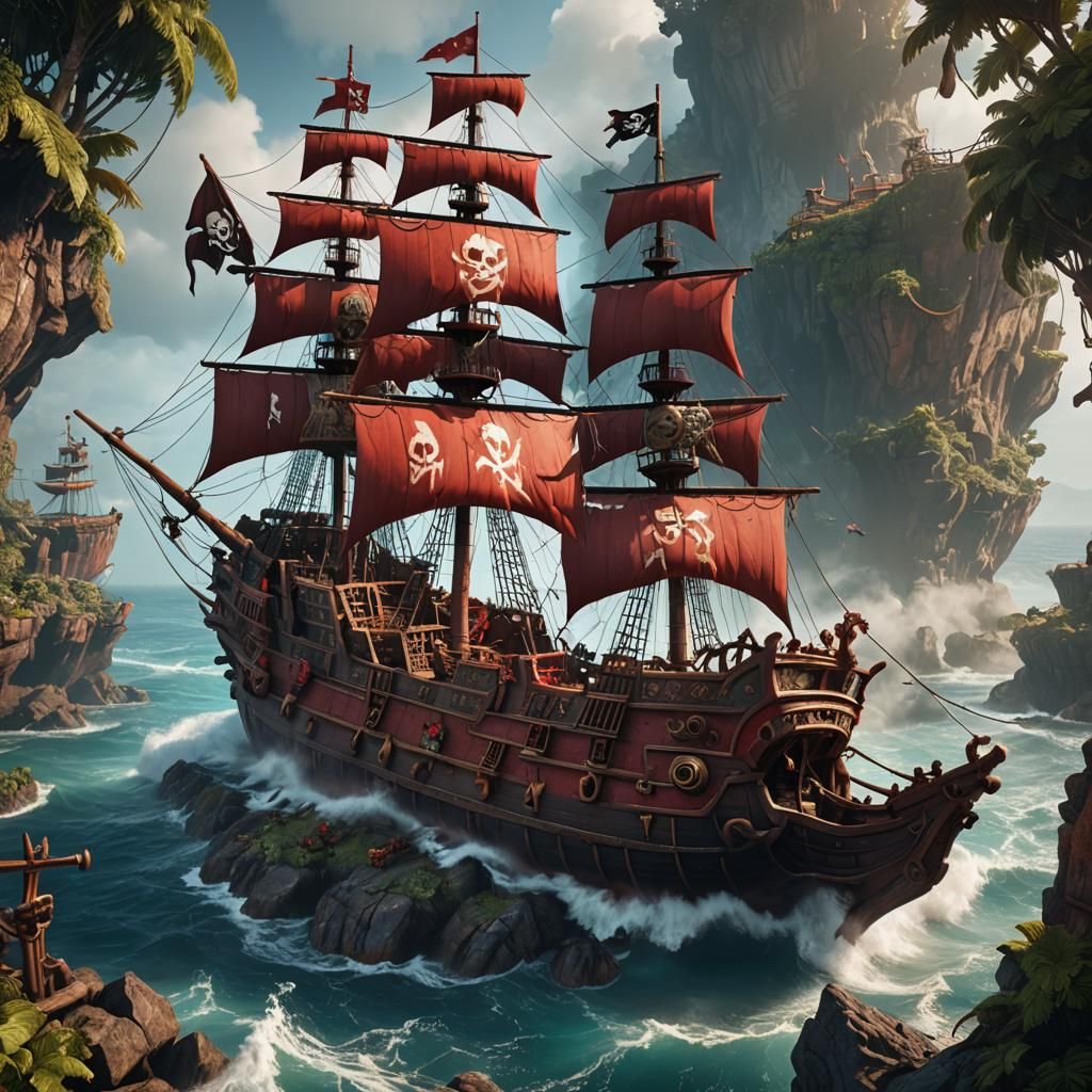 Single Red Pirate Ship in Detailed Matte Painting