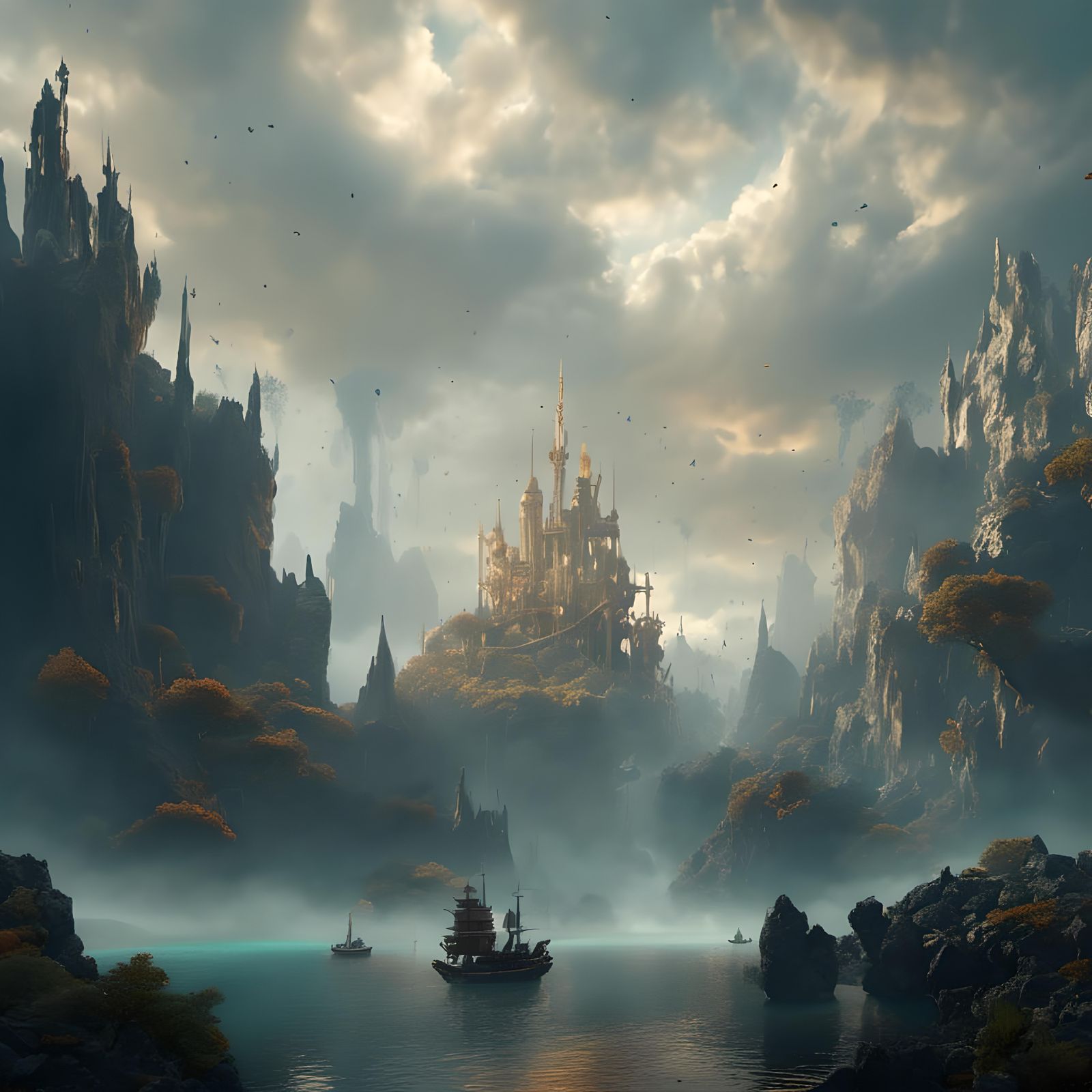 Fantastical Gilded City Horizon in Deep Color