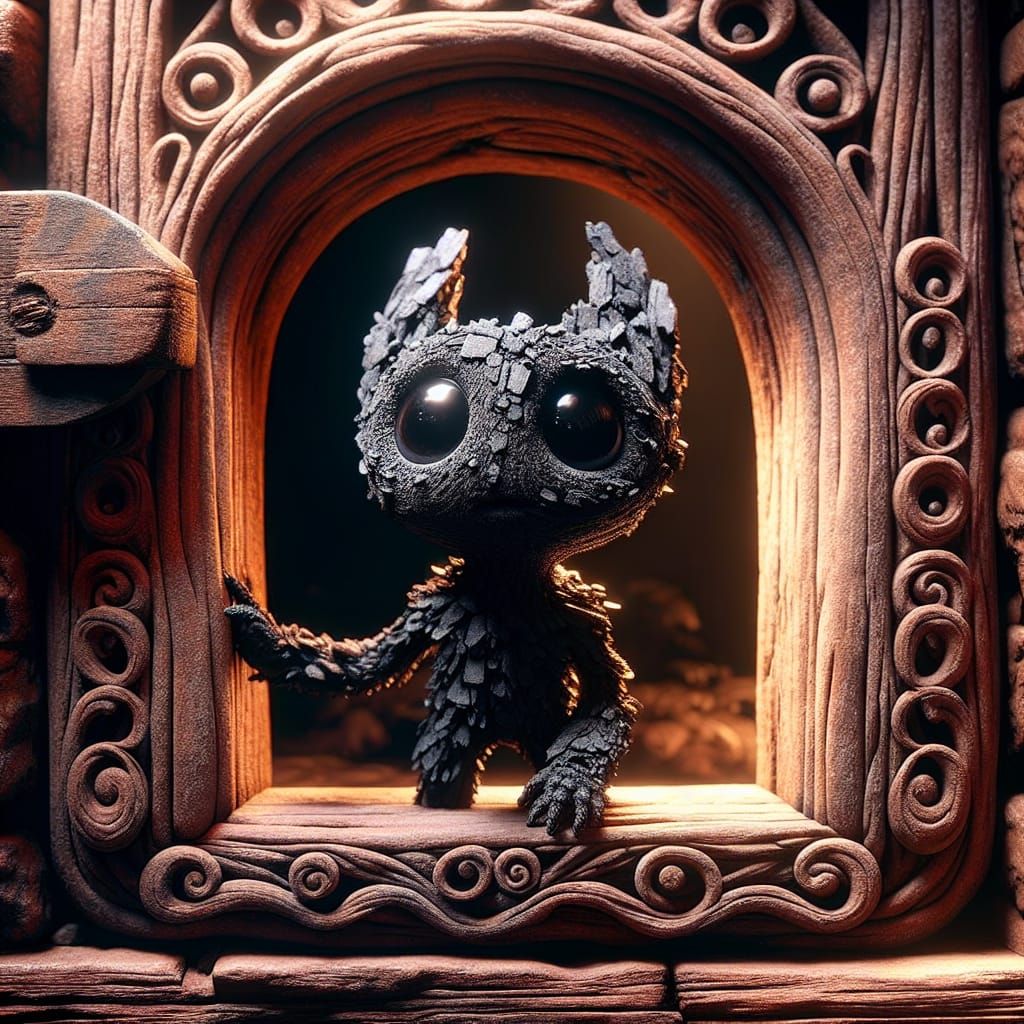 Coal Creature Peeking Through Ornate Window