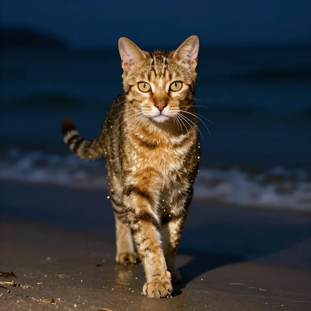 Liquid Golden Cat Walks on Night Sea
