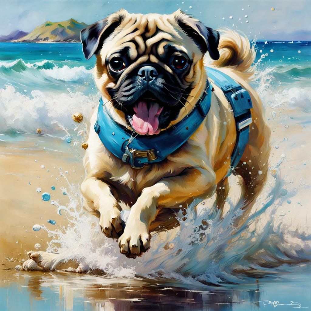 Joyful Pug Dog Running on a Sunny Beach