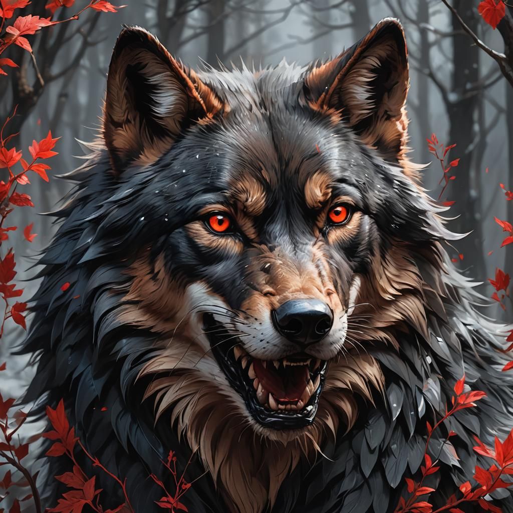 Hyperdetailed Black and Red Wolf Portrait