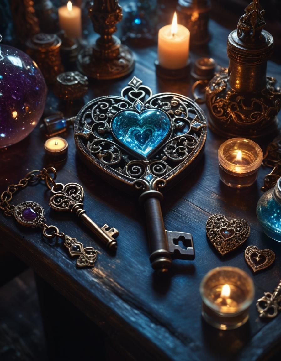 Crystallized Key with Heart in Dark Fantasy Art