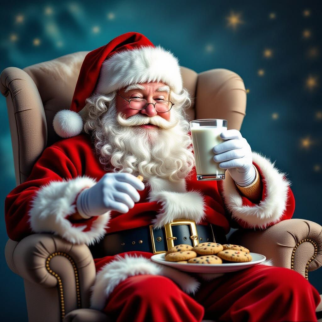 Santa Claus Relaxing with Milk and Cookies in Plush Chair