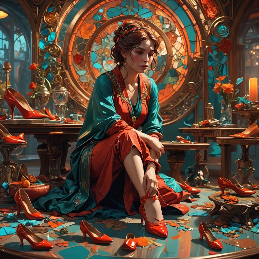 Woman Admiring Red Shoes: Art Nouveau Concept Art
