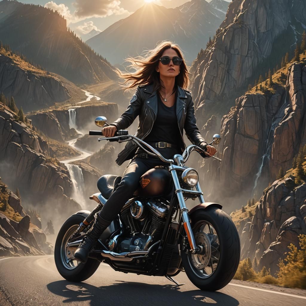 Woman on Harley Davidson Chopper, Detailed Matte Painting