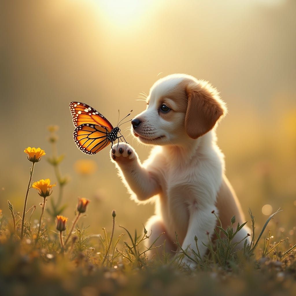 Whimsical Puppy and Butterfly in a Gentle Landscape