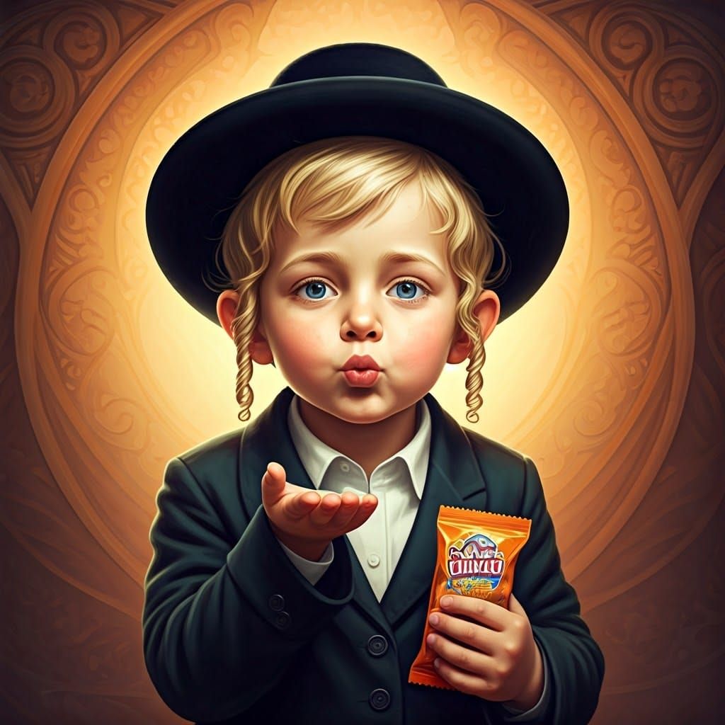 An ultra-Orthodox Hasidic child in a studio photo. The blond...