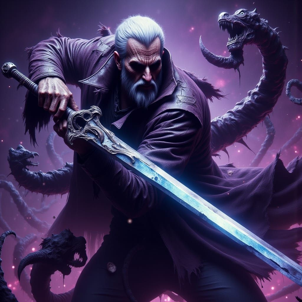 Intense Battle Between Man and Demon in Dark Fantasy