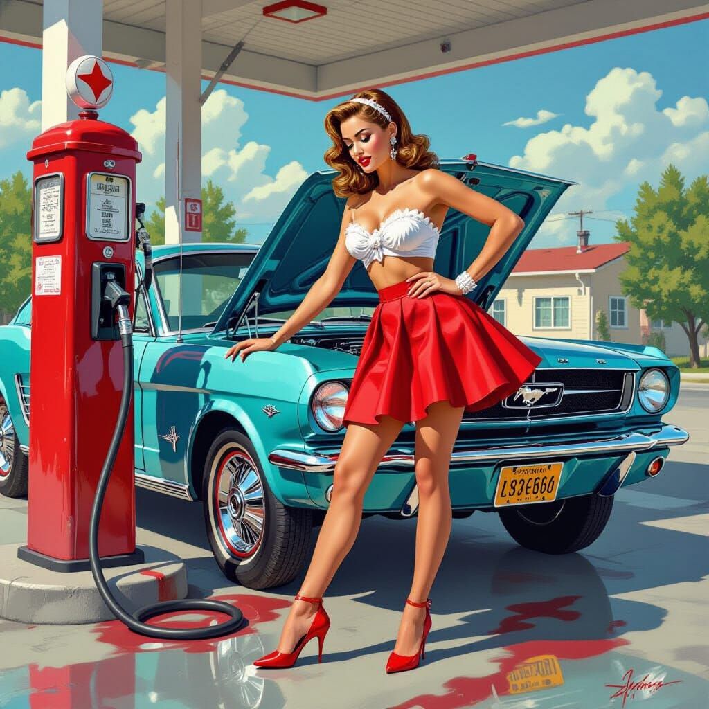 Glamorous Pinup Model Refuels Classic Mustang at 1960s Gas S...