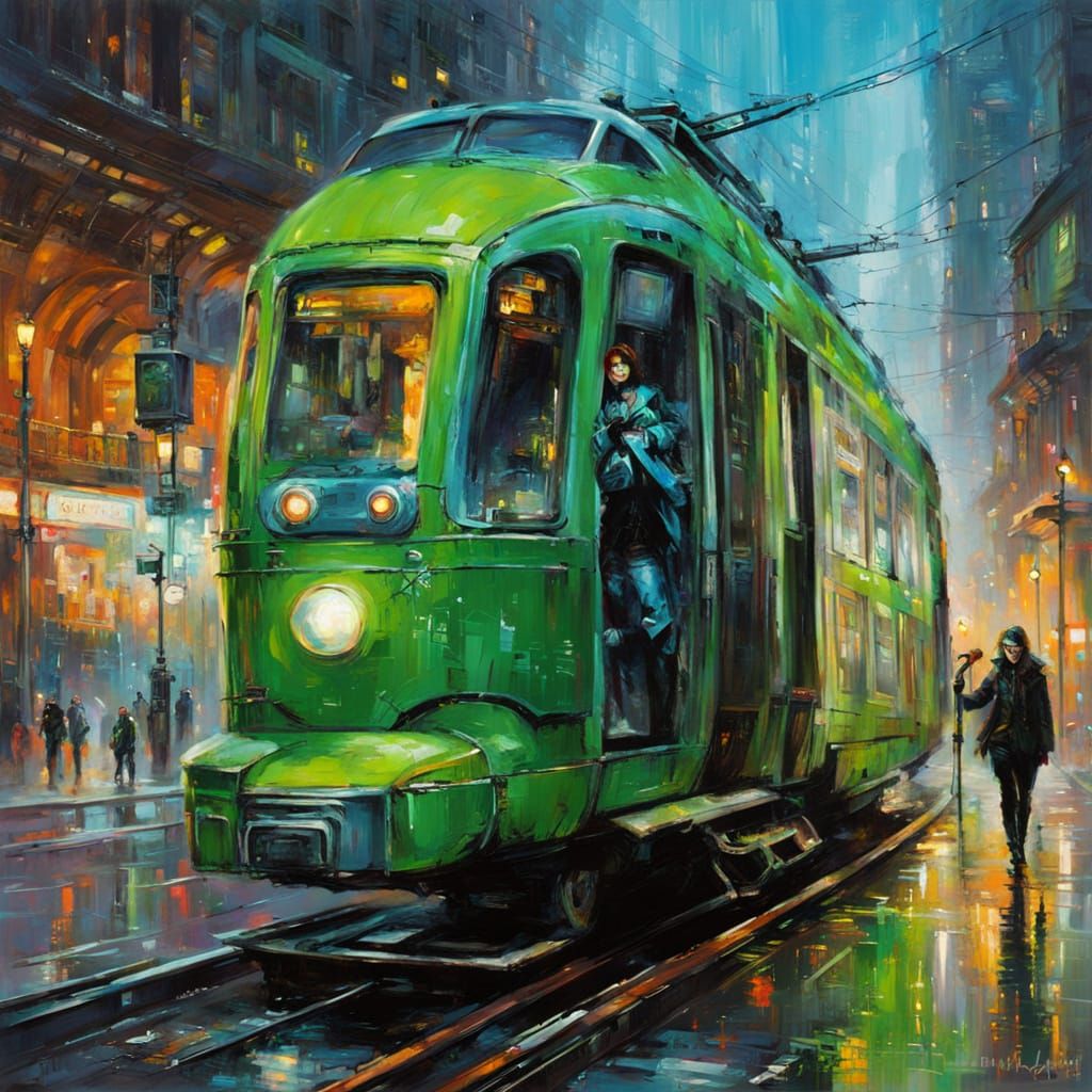 Cyborg Artist Repairs Tram in Neon City