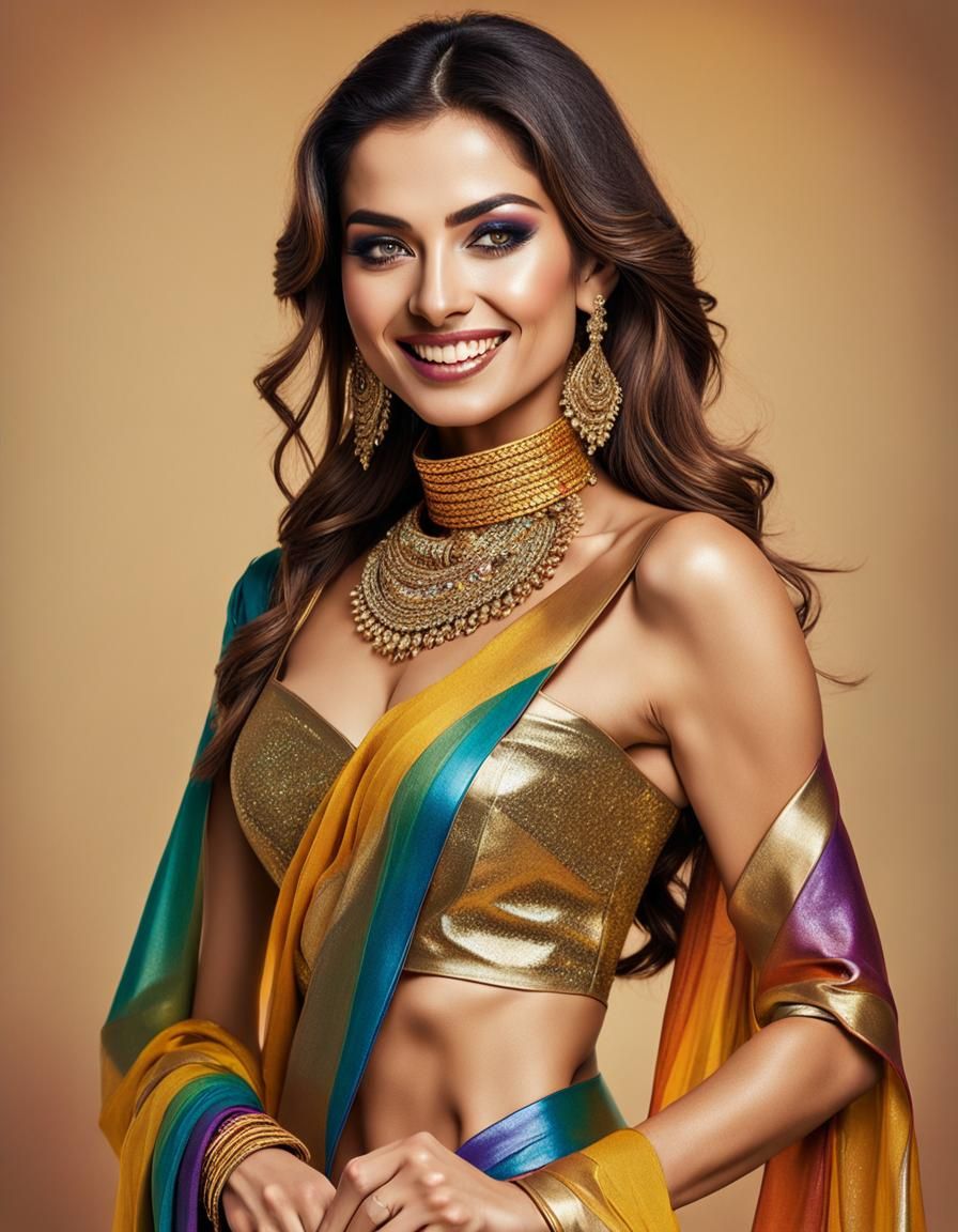 Attractive Woman in Golden Saree: Highly Detailed Portrait