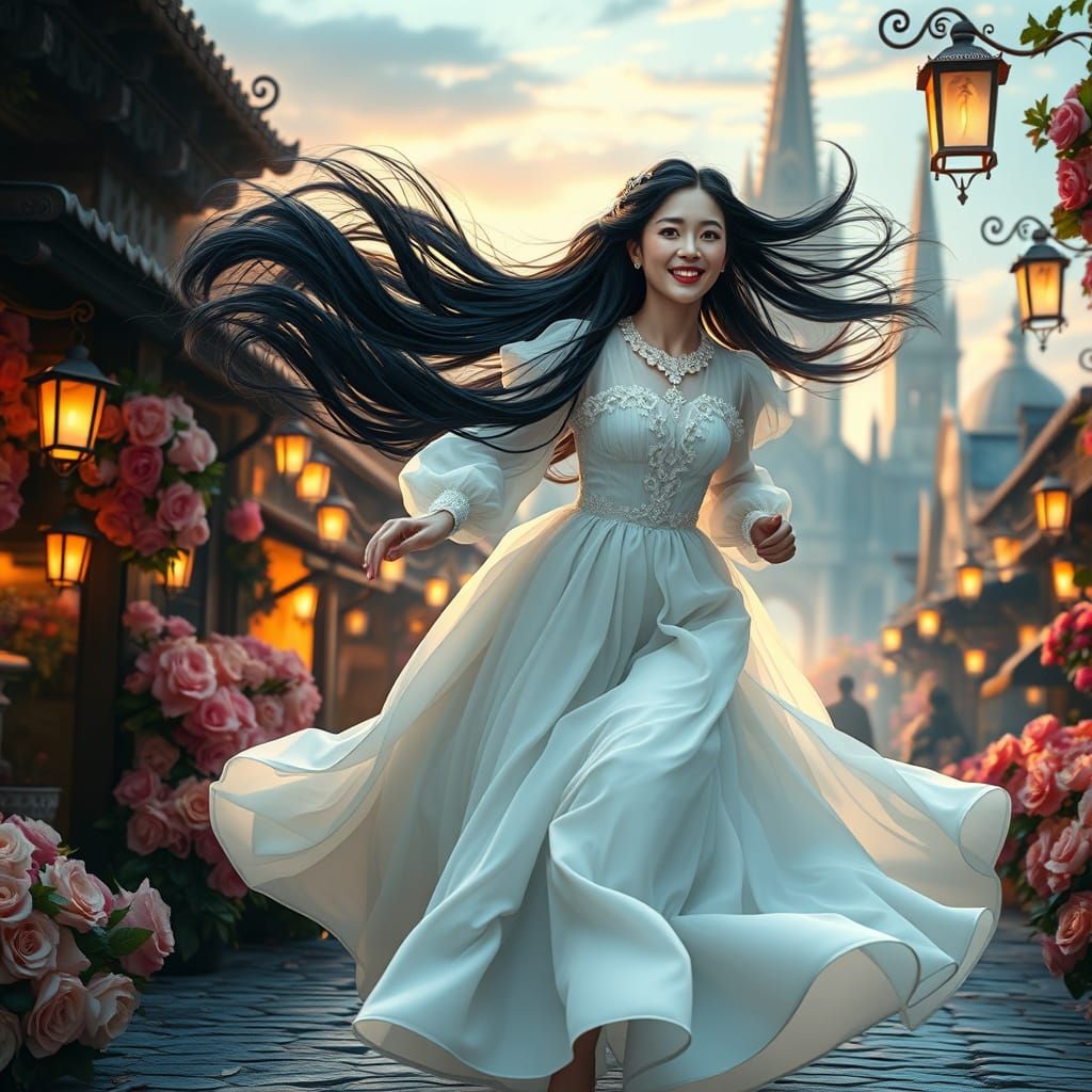 Asian Queen in Rose Market, Fantastical Matte Painting