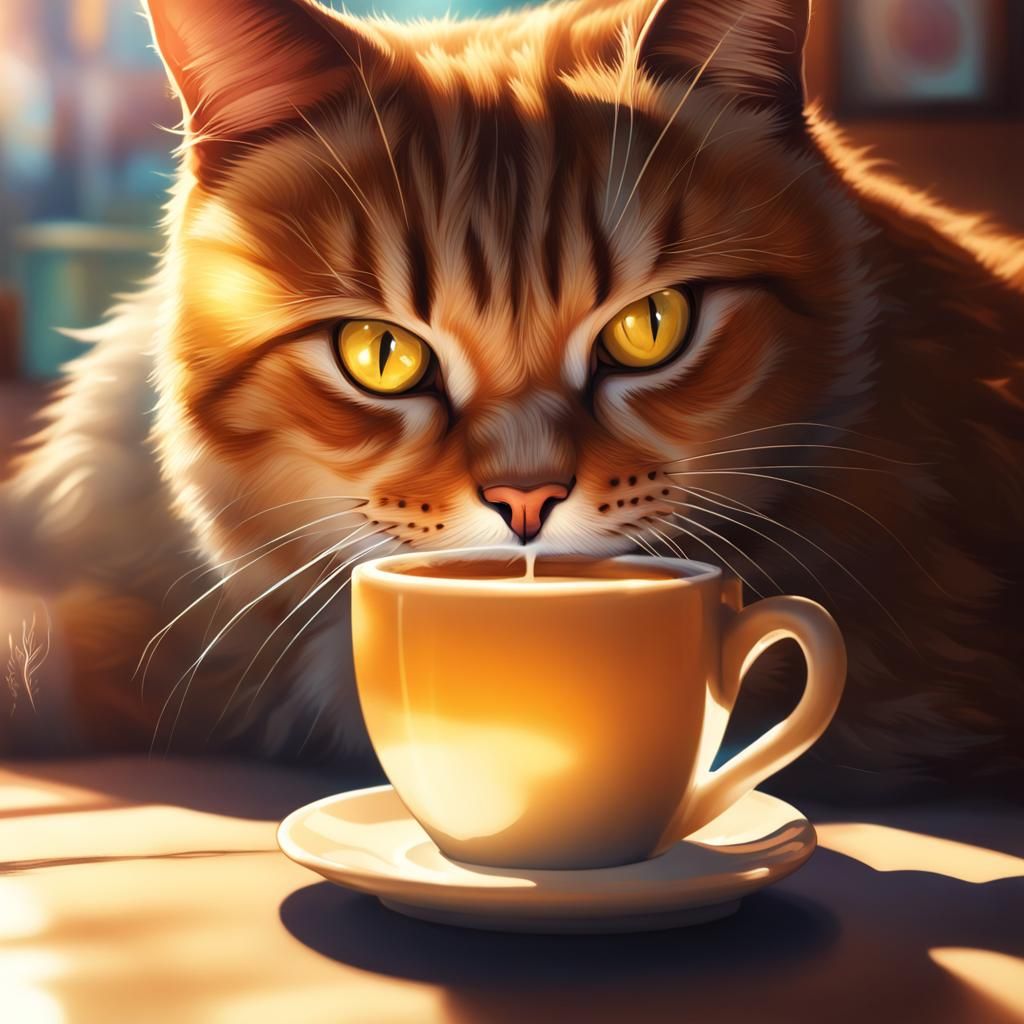 Radiant Cat Enjoying Coffee in Cafe: Hyperrealistic Splash A...