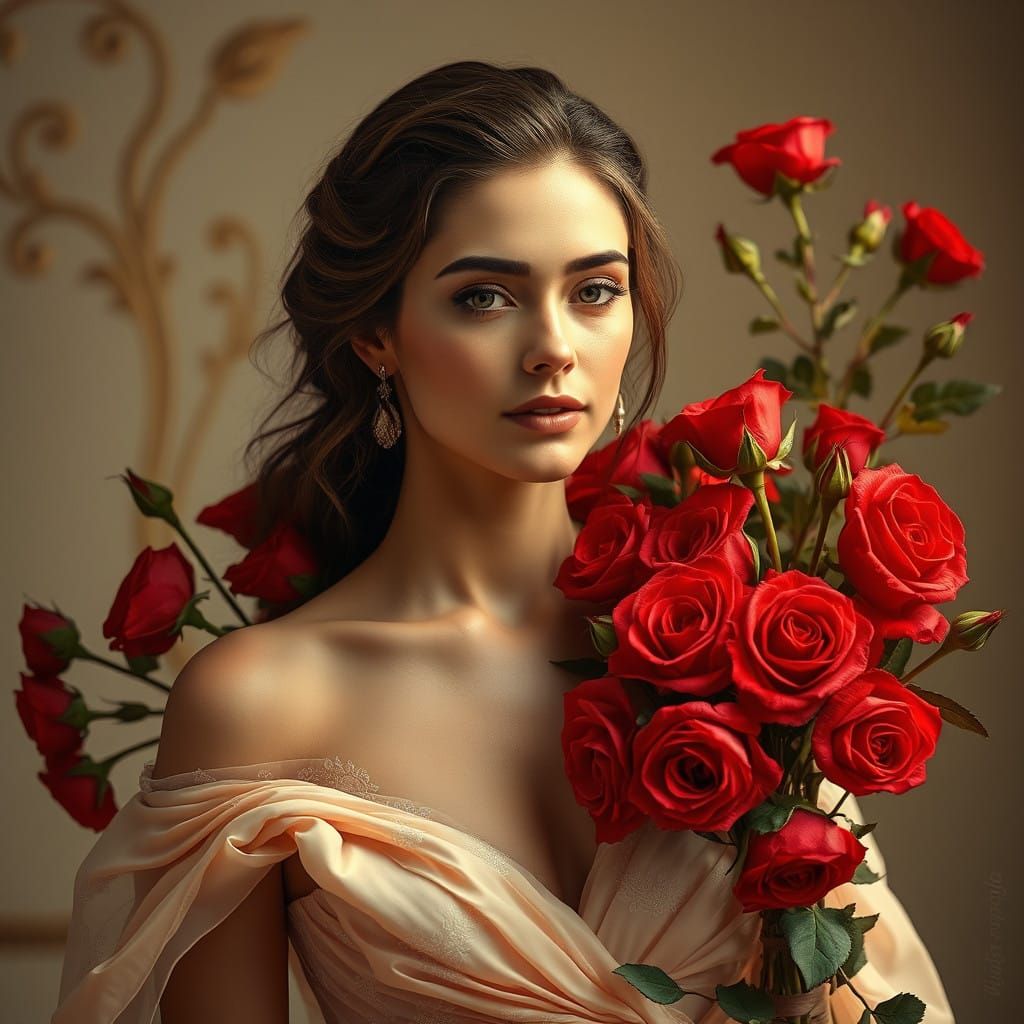 Elegant Woman in a Lavish Rose Arrangement