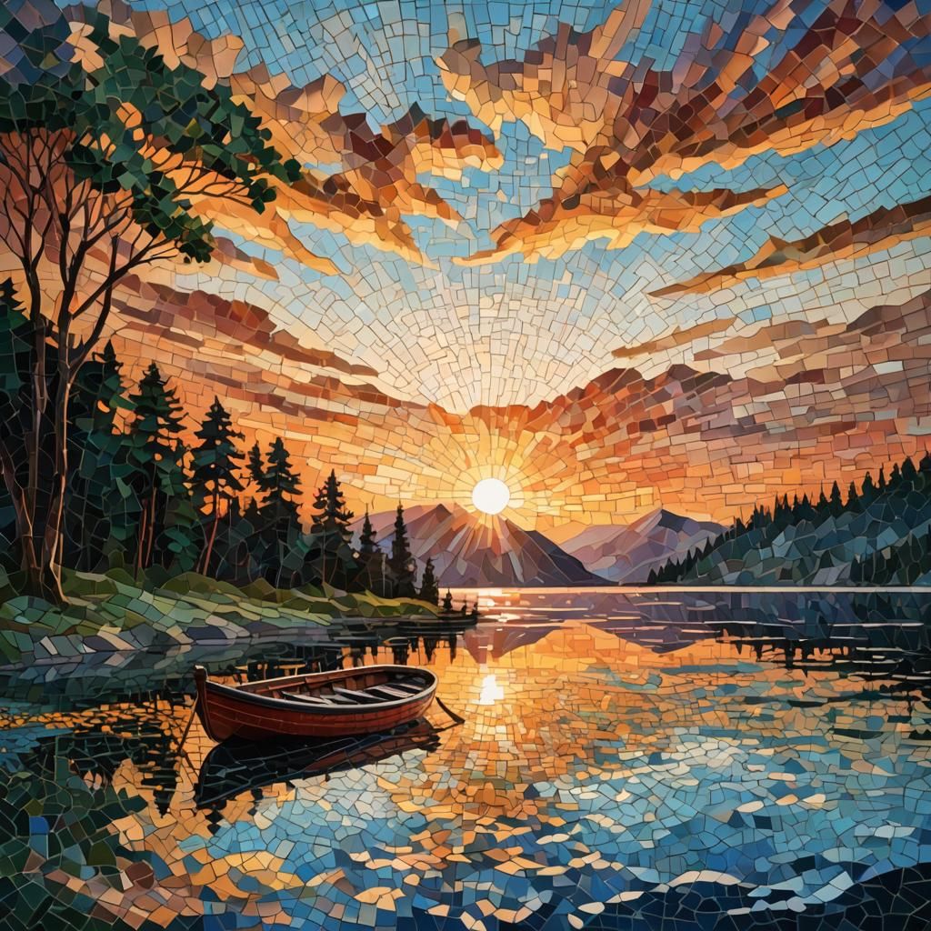 Mosaic Sunrise Over Lake With Boat