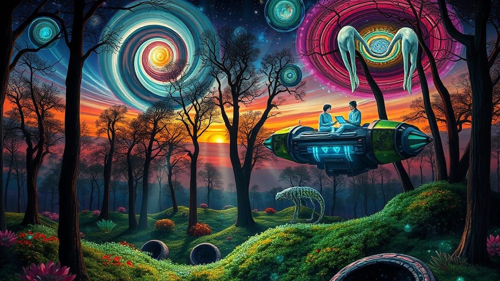 Surreal Glass Forest Glade Meets Cosmic Sunset Galaxy