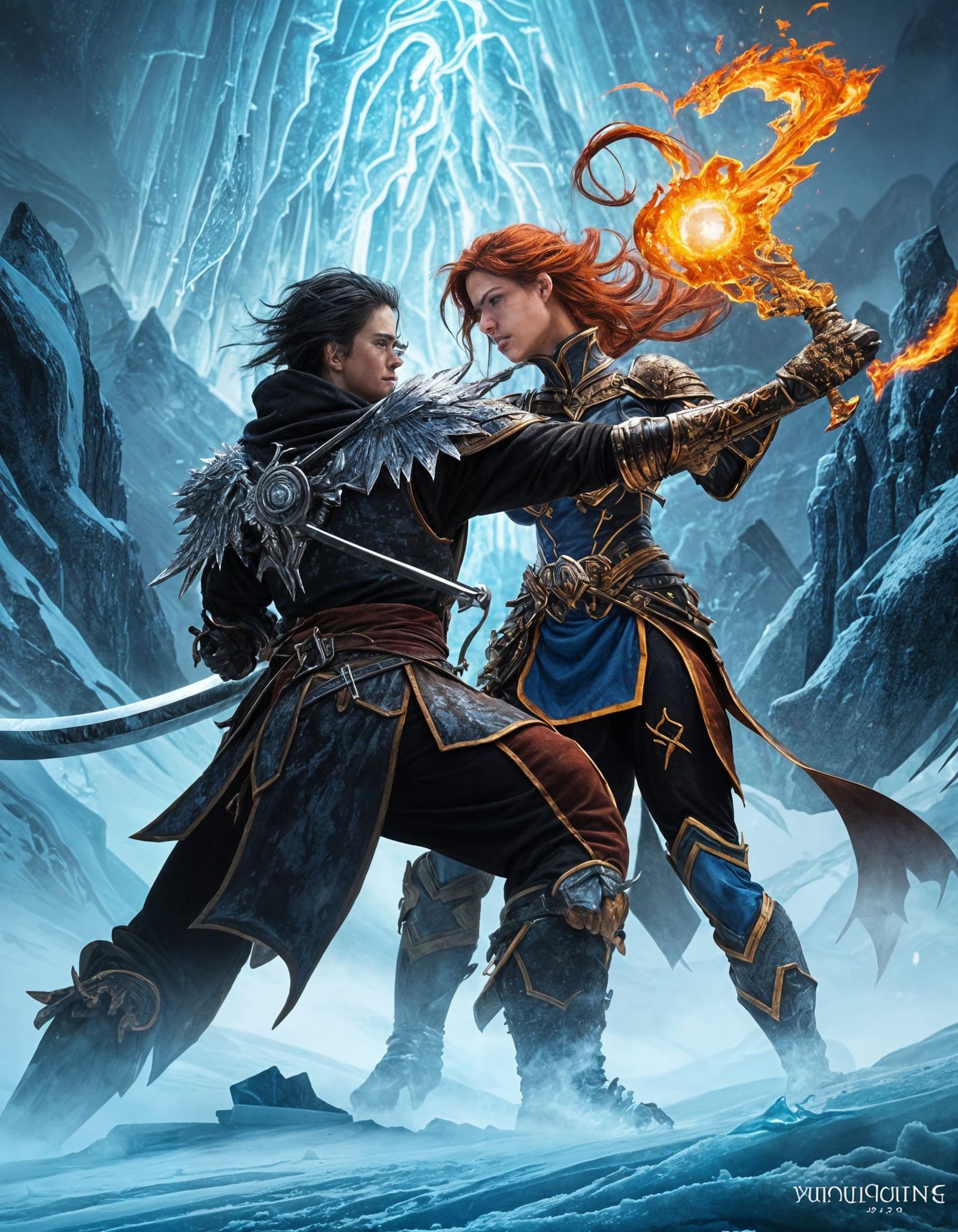 Epic Clash of Elemental Swords in Cyberpunk Style