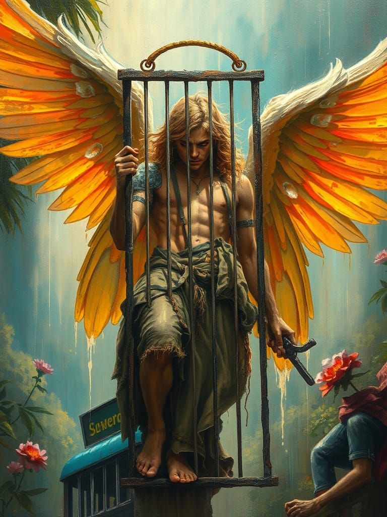 Fallen Angel Imprisoned in Paradise: Acrylic Painting