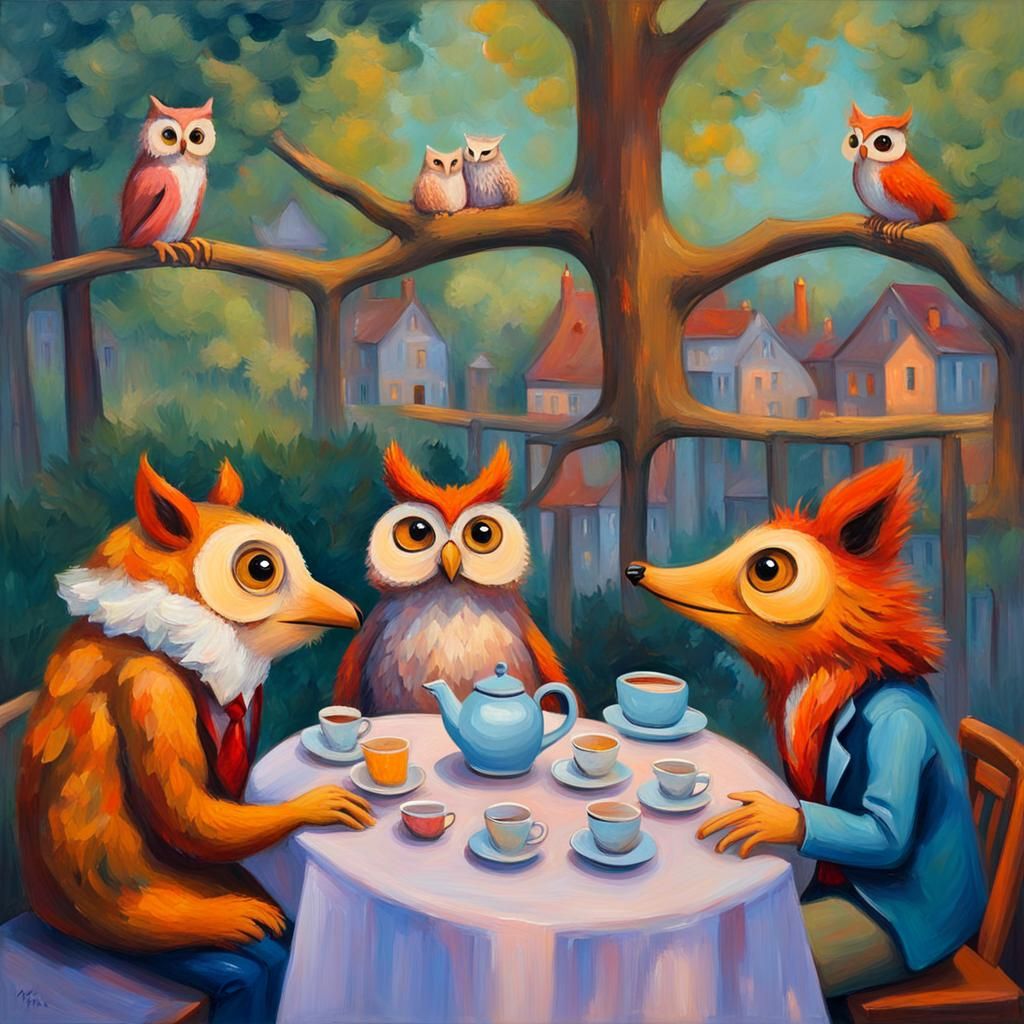 Enchanted Tea Party in Neo-Impressionist Style