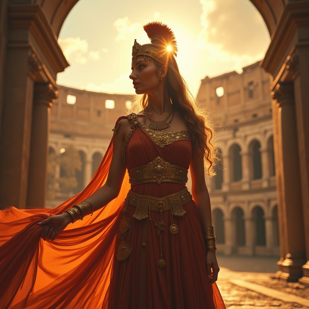 Roman Goddess in Ancient Attire at Colosseum