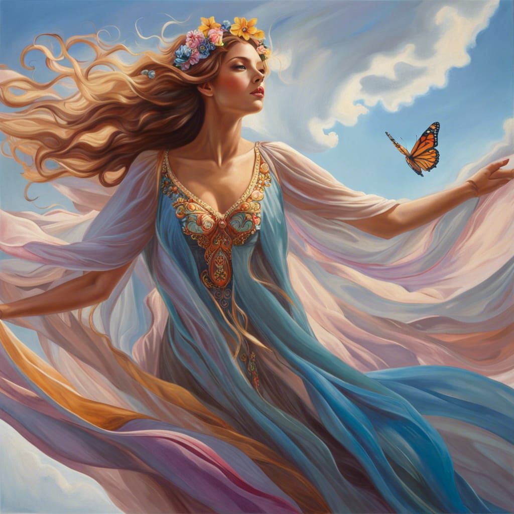 Ethereal Flower Fairy in Flight as Oil Painting