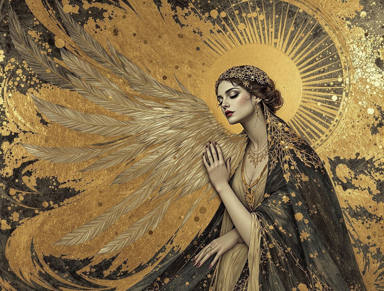 Ornate Feathered Crone Icon with Gold Leaf