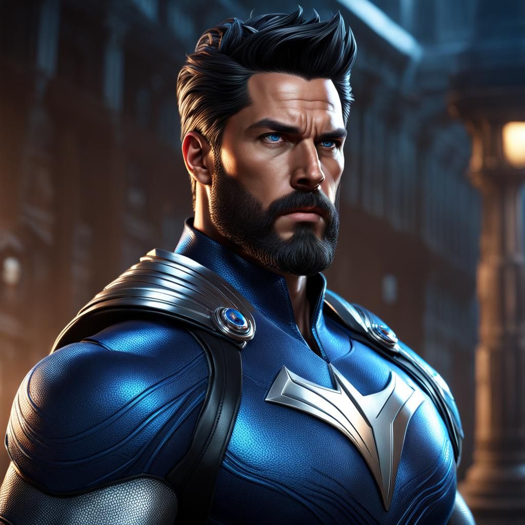 Muscular Superhero in Silver Suit, Digital Matte Painting