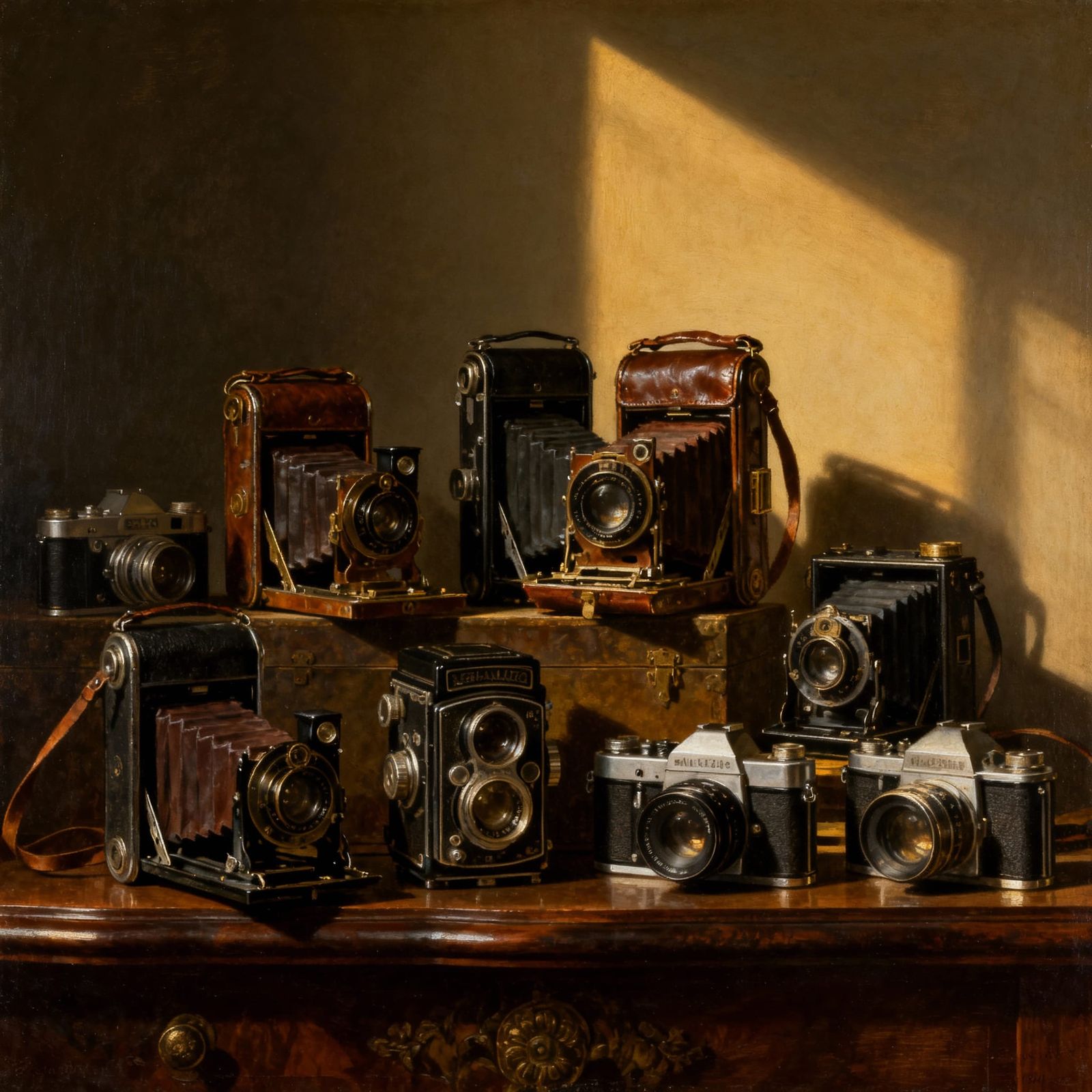 Vintage Camera Collection on Antique Shelf