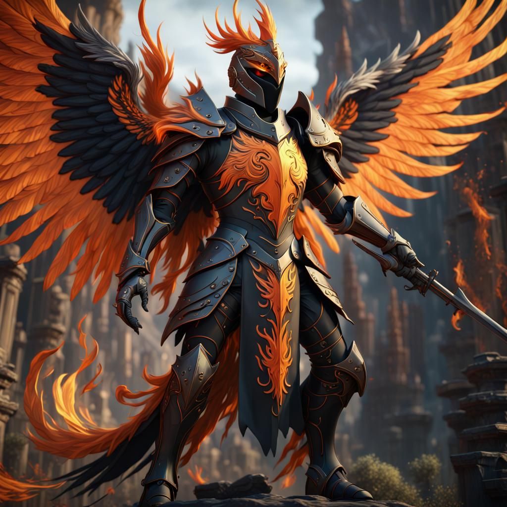 Orange and Black Phoenix Knight Fantasy Art